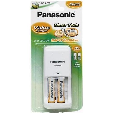 Panasonic Caricabatteria CC06 con 2 Batterie e Timer di Sicurezza, Bianco