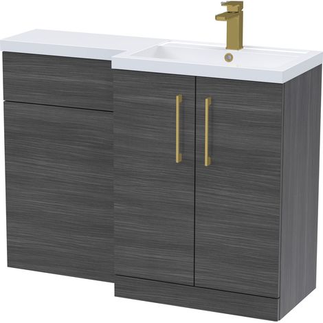 Balterley Right-Hand Bathroom Vanity and WC Unit Combination, Basin - 1100mm - Woodgrain Anthracite, Brushed Brass Handles (1/5)