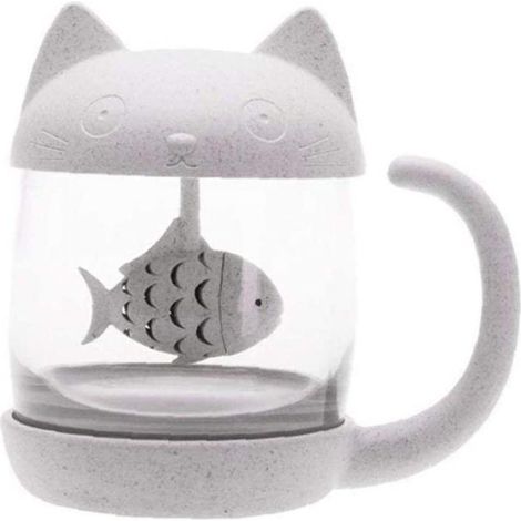 Mug à thé ZYCX123 avec infuseur, motif chat, en verre, avec filtre à poisson pour filles (250 ml) - 1 pièce (1/4)