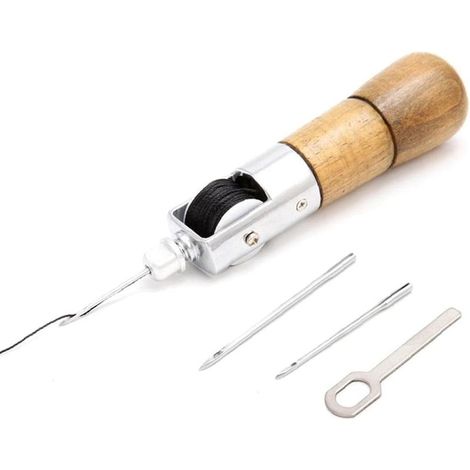 Manche en bois en cuir couture Poinçon Kit, Stitcher main professionnelle main en cuir Machine à coudre, outil de verrouillage pour le bricolage Kit Brochage couture Réparation Toile Cuir (1/5)