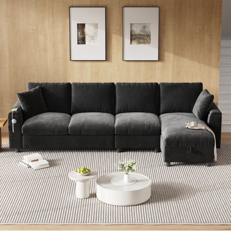 Divano angolare L 280x137x84 cm, trasformabile in letto, tavolino ribaltabile, contenitore braccioli, chenille grigio (1/5)