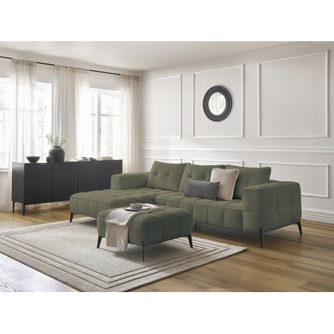BOBOCHIC - Canapé d'angle fixe ANIS tissu bouclette avec pouf Angle gauche Vert (1/5)