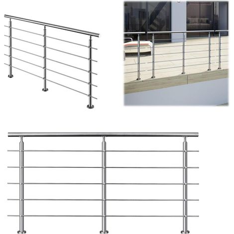 200x106cm quality 304 Stainless Steel Handrail with 5 Crossbars Balustrade Stairs