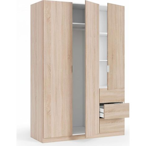 Armadio Guardaroba Vestiti 3 Ante Battenti 4 Ripiani E 3 Cassetti Con Barra Appendiabiti Salvaspazio Per Camera Da Letto Stanza Matrimoniale Design Moderno 200 x 52 x 135 Cm Colore Rovere Canadese - C