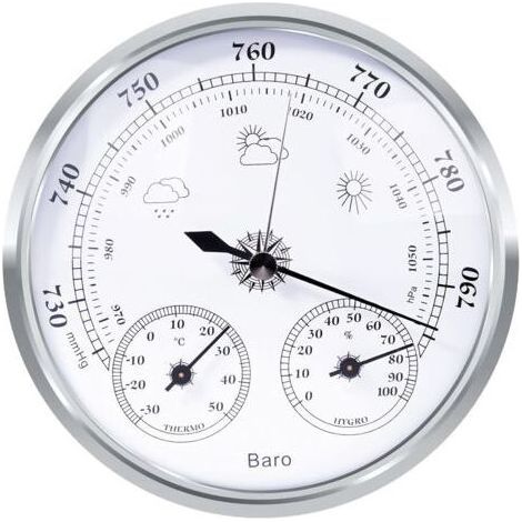 Station météo analogique – Station météo analogique pour usage intérieur et extérieur – composée d'un baromètre, d'un thermomètre et d'un hygromètre (argent, 128 mm) (1/5)