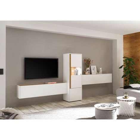 Anbauwand Wohnzimmer CRISP-61 inkl. Beleuchtung in weiß mit Absetzungen in Wotan Eiche Nb., B/H/T: ca. 350/155/40 cm (1/5)