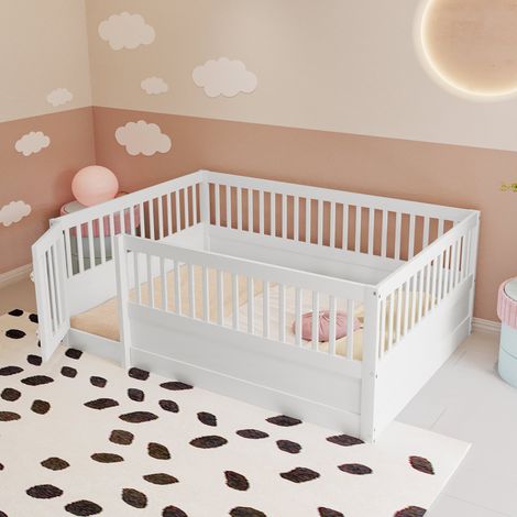 Cama Infantil 140x200 cm Barandillas Puerta Seguridad Madera Blanco (Sin Colchón) (1/5)