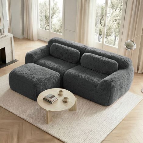 Canapé d’angle modulable 204/179/73 cm en tissu peluche gris, sans montage et modulable (1/5)