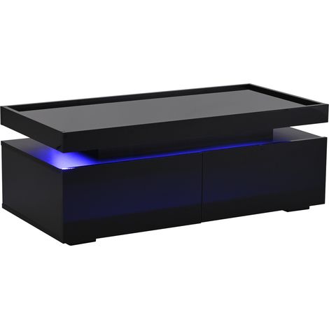 Mesa de centro negra brillante 95 x 45 x 35 cm con 2 cajones y luz LED (1/5)