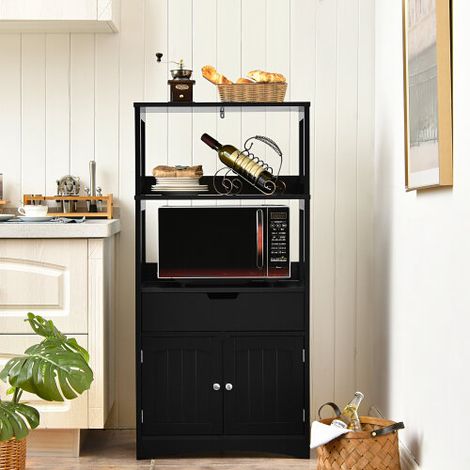 Bathroom Floor Cabinet w/ 2 Open Shelves 1 Drawer & 1 Cupboard Freestanding Entryway Study Room Black (1/3)