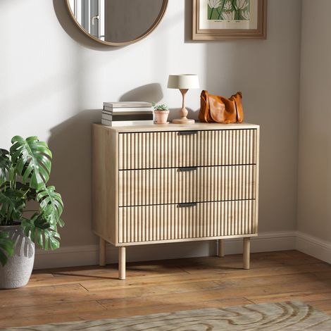 Kommode aus Holz mit drei Schubladen, Schlafzimmerkommode im nordischen Stil mit Kiefernholzbeinen für Eingangsbereich, Wohnzimmer, Schlafzimmer und Flur, 80 x 40 x 77,5 cm, Eiche