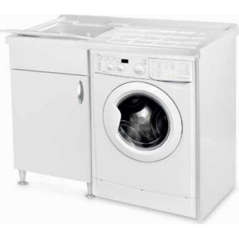 Lavatoio in legno Bianco coprilavatrice 105x60 1 anta e vasca in resina SX