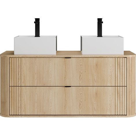 Meuble de salle de bain suspendu avec double vasque à poser carrée et robinet - Naturel clair - L120 cm - FILOR (1/4)