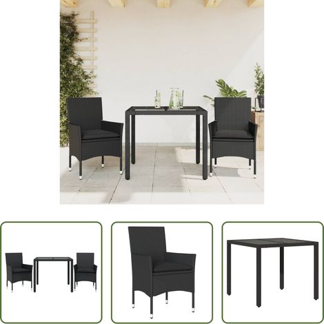 vidaXL Set comedor jardín 3 pzas cojines ratán sintético vidrio negro (1/5)