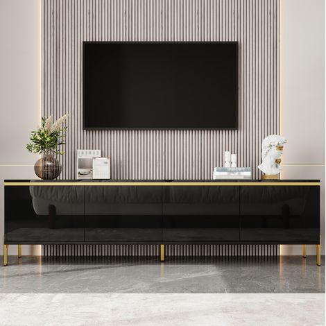 Meuble TV moderne brillant noir avec 4 portes, passe-câbles, pieds métal dorés, 170 cm (1/5)