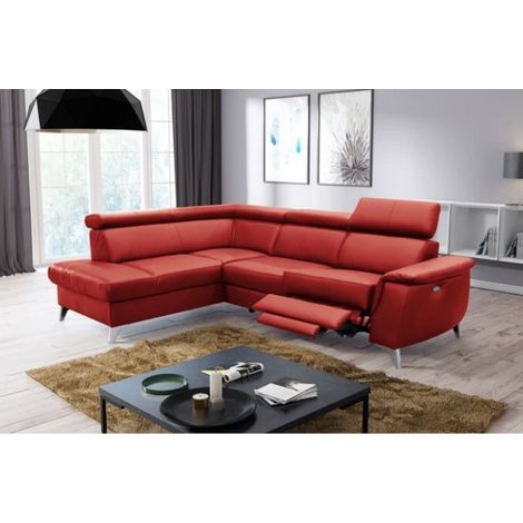 Canapé d'angle en cuir italien de luxe 5/6 places avec relax électrique et coffre, LINCOLN, rouge foncé, angle gauche (1/5)