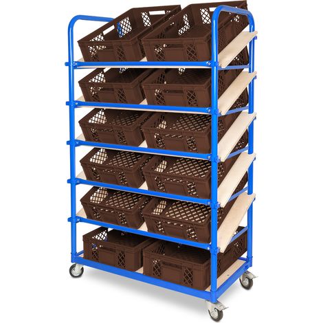 BRB Schrägboden-Regalwagen mit 6 Ebenen, bestückt mit 12 Euroboxen BxTxH 600x400x150 mm durchbrochen, BxTxH 1050x500x1690 mm (braun)