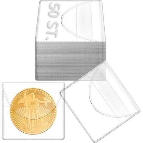 Set di 50 vassoi per monete (5,6 x 5,6 cm) per collezionismo, confezionati singolarmente in bustine protettive, impermeabili e antipolvere, ideali per monete, gioielli e piccoli oggetti. (1/5)