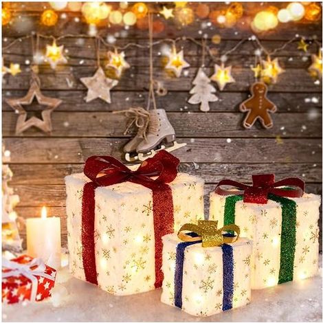 3 PCs Boîtes-Cadeaux Lumineuses Noël sous Sapin de Noel, Lumineux 48 lumières Vives Décoration Noël Intérieur Extérieur pour Jardin, Maison et Fête Cubes 15/20/25CM (1/5)