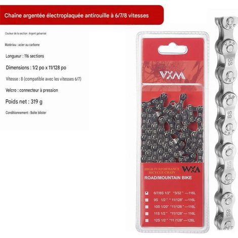 Chaîne pour VTT et vélo de route - compatible avec les chaînes monovitesses 6/7/8 vitesses - revêtement électrolytique argenté brillant antirouille (1/4)