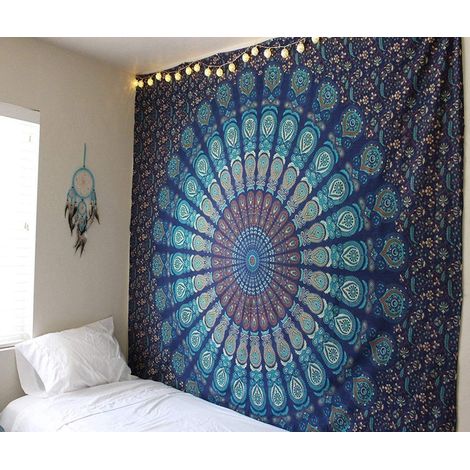 Tapisserie Turquoise Indienne 213x137cm Paon Mandala Chambre Bohème Hippie Literie Coton Tenture Murale Tissu Décoratif Suspendu Feuille Couvre-lit (1/4)