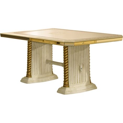 Table à manger rectangulaire extensible bois vernis laqué brillant beige et blanc Vinza 185 à 230cm (1/2)