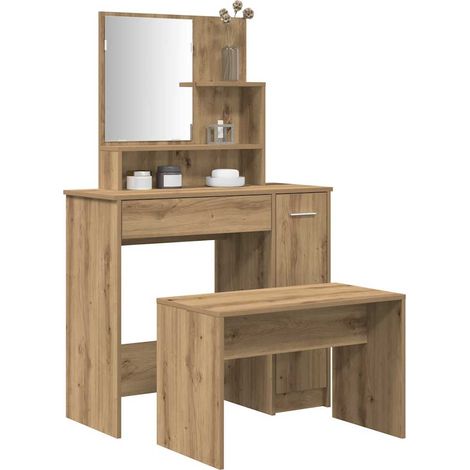 Ensemble coiffeuse avec miroir et tabouret en bois d’ingénierie, chêne artisanal - PANGIVO (1/5)