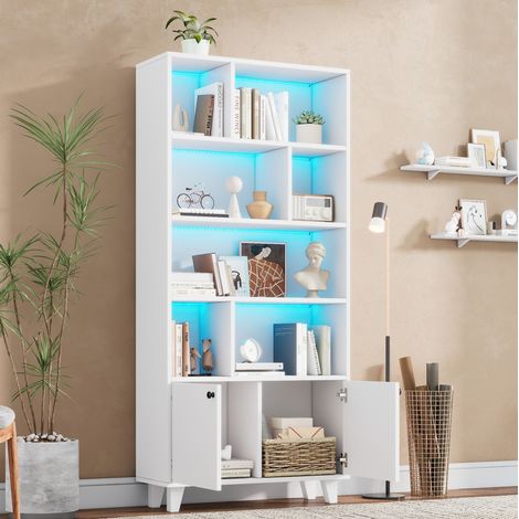 Libreria 80x30x173 cm bianca in MDF e legno massello con LED, 7 vani e mobile a 2 ante (1/5)