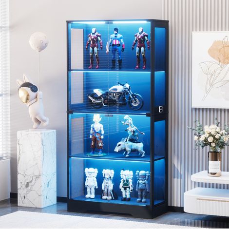 Vitrine en verre avec LED, portes en verre et capteur de mouvement, 80x35x165 cm, noire (1/5)