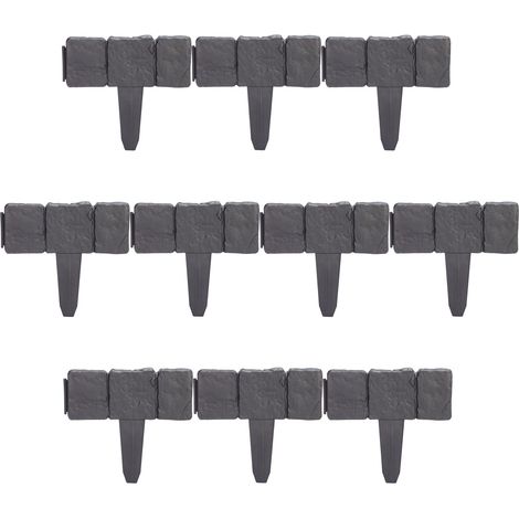 Relaxdays Recinzione da Giardino, Set da 10 Pareti, Bordure per Aiuole Aspetto Pietra, Plastica, HxL 10x25 cm, Antracite (1/5)
