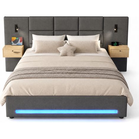 CHICFURN Letto contenitore 180x200 cm in velluto grigio scuro con LED, USB-C e vani integrati (1/5)