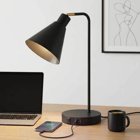 Lot de 2 lampes de table modernes en acier avec ports USB, douille E27, noires (1/5)
