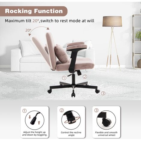 Fauteuil de bureau en velours pour bureau à domicile – siège pivotant réglable en hauteur avec accoudoirs rabattables et roulettes silencieuses – chaise de travail élégante en tissu pour espace de tra (1/5)