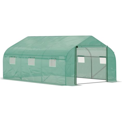 Outsunny Walk-In Polytunnel Greenhouse Warm House Garden Tunnel Shelter Plant Shed with Door and Windows, Galvanised Steel Frame, 4.5 x 3 x 2m, Green