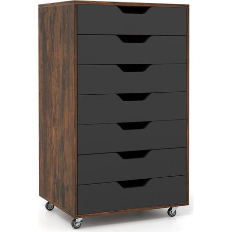 Elegante mueble de almacenaje de 7 cajones 49 x 40 x 87 cm con ruedas fabricado en MDF marrón rústico 200018051