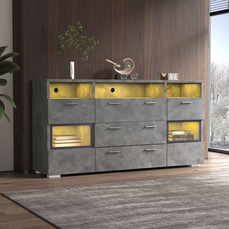 Buffet de cocina - 140 x 33,5 x 72,5 cm - 3 cajones y 2 puertas - Iluminación LED controlable - Acrílico central (1/5)
