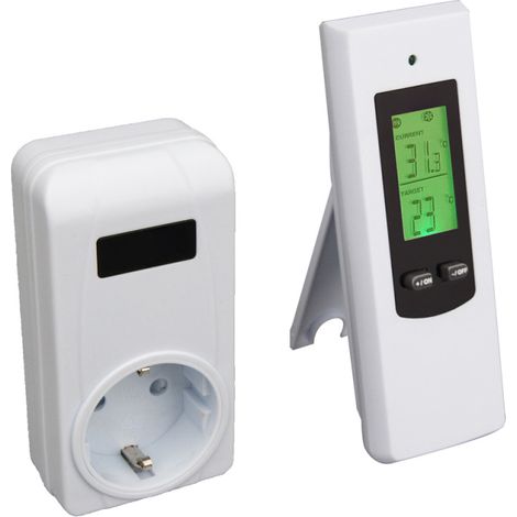 Thermostat Sans Fil Domestique – Prise Intégrée – Modes Chauffage et Refroidissement – Écran LCD Rétroéclairé Vert – Alarmes Température Basse/Haute (1/5)