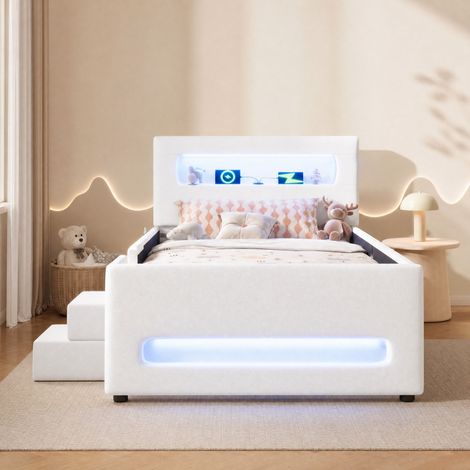 Plattformbett 90x200 cm weiß aus PU und MDF mit LED-Lichtleisten und Stauraumschublade