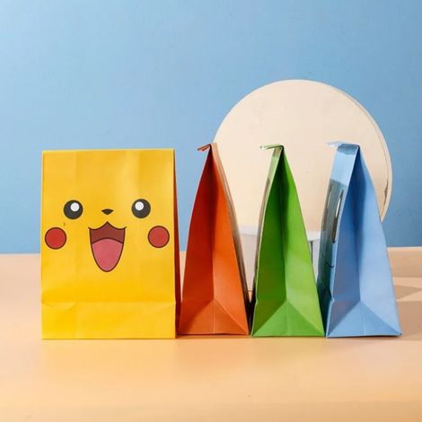Lot de 20 sacs en papier imprimés de séries animées, sacs cadeaux Pokémon, papier kraft blanc, grande capacité, ouverture plate, emballage cadeau (1/5)