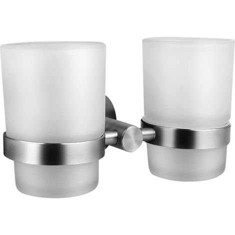 Exclusivo soporte de acero inoxidable cepillado con marco de cristal, para cepillo de dientes, pasta de dientes y accesorios de aseo personal.