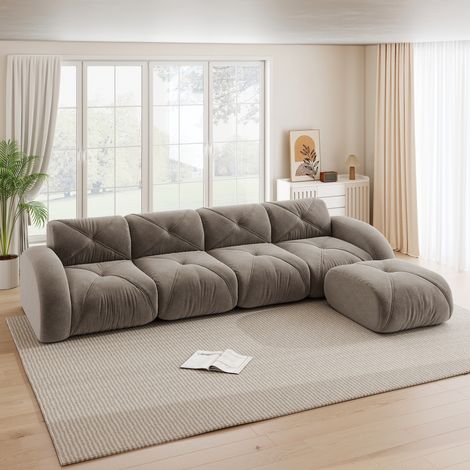 Divano angolare modulare 4 posti in chenille marrone, design senza telaio
