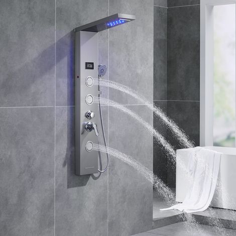 Auralum Max Columna Ducha Hidromasaje con luz LED y LCD, Sistema de Ducha Acero Inoxidable 5 Función con Chorros de Masaje, Panel de Ducha para Baño (1/5)