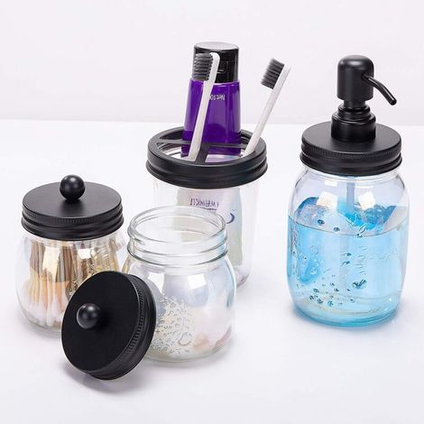 Ensemble de 4 Accessoires de Salle de Bain en Mason Jar, Distributeur de Savon et Pots d'Apothicaire (1/4)