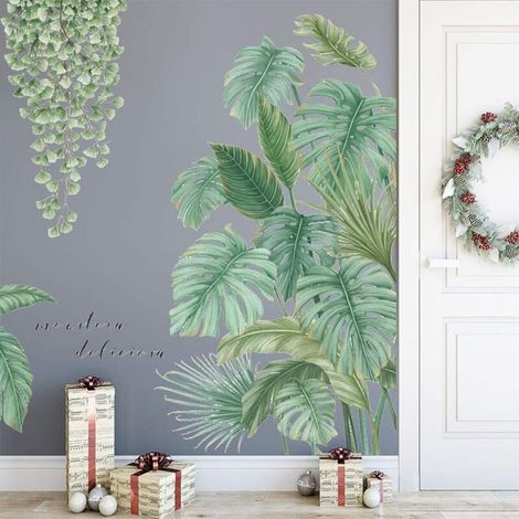 Autocollants muraux tropicaux DIY, feuillage vert nature arbre suspendu liane, décalcomanies fraîches pour déco salon, stickers muraux plantes géantes (1/3)