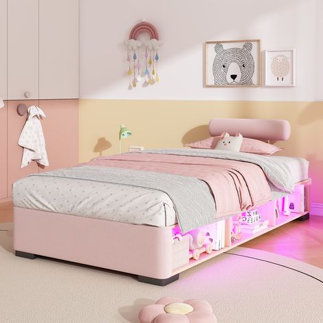 Lit enfant rembourré avec étagère LED 90x200cm,appuie-tête modulable 3 côtés,lit bas avec rangements,velours,rose (1/5)