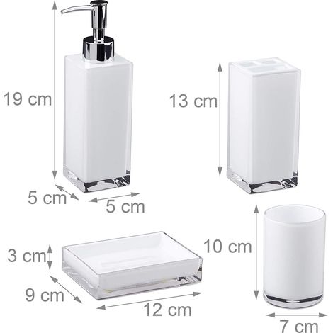 Set de accesorios de baño 4 piezas dispensador de jabón vaso cepillo de dientes jabonera plástico blanco 130002462