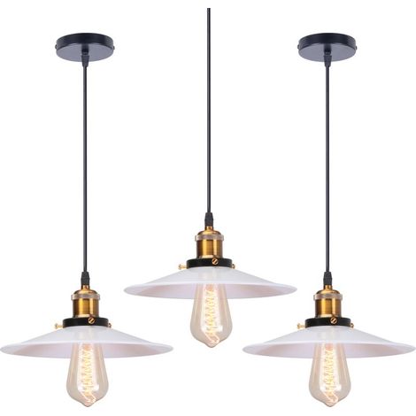 3PCS Rétro Lustre Suspension Industrielle 26cm Plaofnnier Fer Abat-jour en Métal Blanc (1/5)