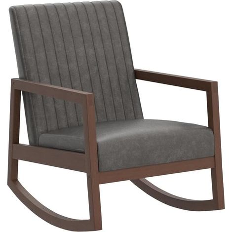 Rocking Chair in PU Leather Accent Retro Armchair Leisure Padded with Solid Wood Legs for Living Room Bedroom Balcony, Grey, Wahson