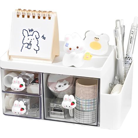 Schreibtisch-Organizer mit 3 Schubladen, niedliche und praktische kleine Aufbewahrungseinheit mit Fächern, Make-up-Pinselhalter und Schreibtisch-Organizer für Zuhause, Büro und Schule (weiß) (1/5)