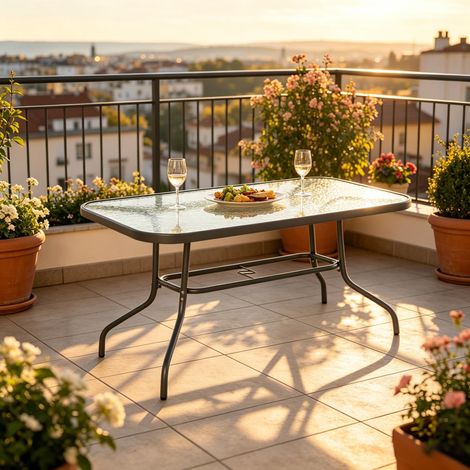 DESMIU Table à manger extérieure rectangulaire 8 personnes avec trou pour parasol, en métal et verre trempé, gris, 120 × 80 × 70 cm (1/5)